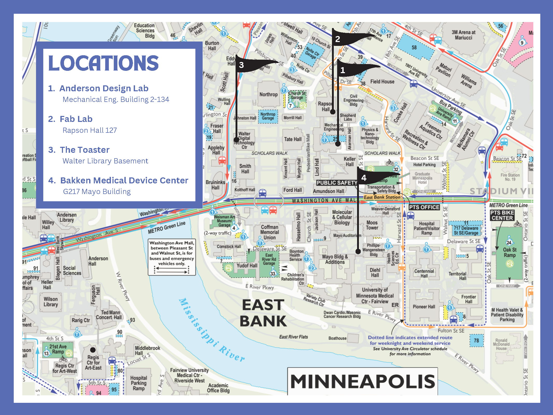 Map of the UMN East Bank with mini golf locations marked.